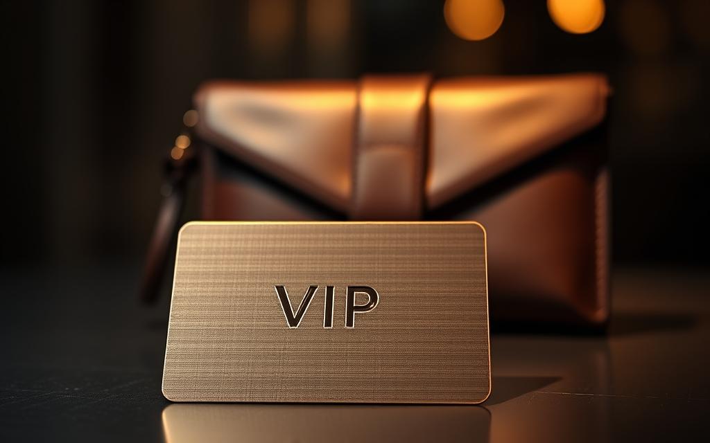 A luxurious and elegant VIP program at Shein, featuring a refined, minimalist design. In the foreground, a sleek, metallic VIP card with embossed branding, reflecting a warm, diffused light. In the middle ground, a premium leather wallet or clutch, exuding a sense of exclusivity. The background subtly blurs, drawing the viewer's attention to the central VIP elements, creating a sophisticated, high-end atmosphere. The lighting is soft and directional, casting subtle shadows and highlights to accentuate the premium textures and materials. The overall mood is one of prestige, privilege, and refined shopping experience.