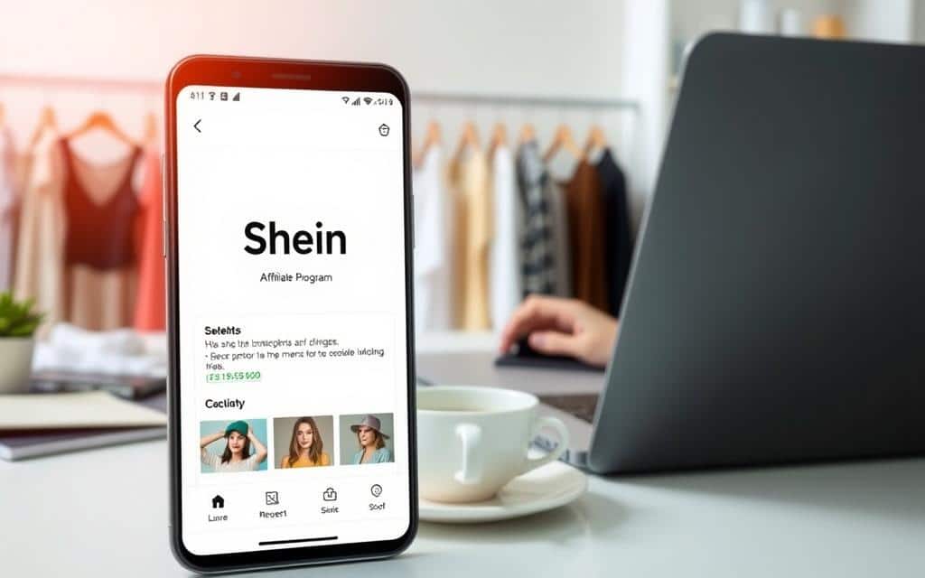A modern and visually appealing image showcasing the Shein partner program. In the foreground, a smartphone displaying the Shein app interface, highlighting the affiliate program details. The middle ground features an array of fashionable clothing items, subtly emphasizing Shein's product offerings. The background depicts a minimalist workspace with a laptop, cup of coffee, and stationery, evoking the concept of working from home and earning through the Shein affiliate program. The lighting is soft and natural, creating a warm and inviting atmosphere. The composition is balanced, with a clean and professional aesthetic that resonates with the target audience of online entrepreneurs and influencers.