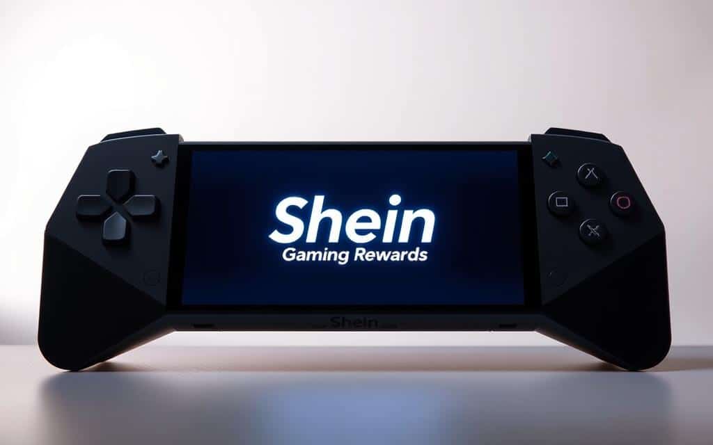 A modern, sleek gaming console against a minimalist background, with the "Shein Gaming Rewards" logo displayed prominently on the device's screen. The console is illuminated by soft, directional lighting, casting subtle shadows and highlights that accentuate its angular, futuristic design. The overall atmosphere is one of sophistication and technological prowess, inviting the viewer to explore the rewards and benefits of engaging with the Shein gaming platform.