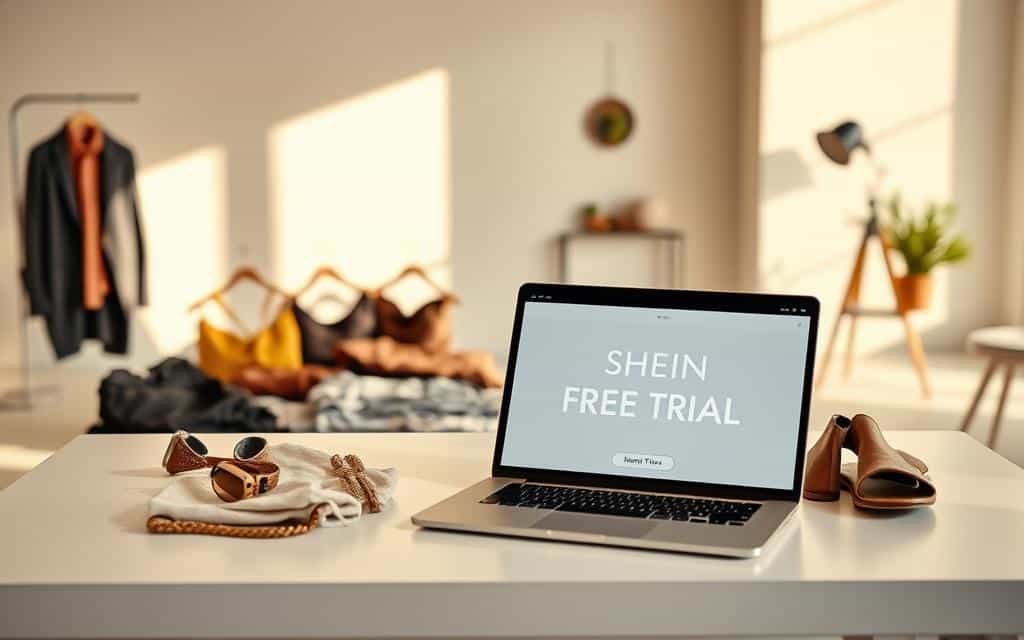 A modern, trendy fashion display showcasing the "Shein Free Trial" offer. In the foreground, an arrangement of chic clothing items and accessories arranged artfully on a minimalist white table, bathed in warm, natural lighting. In the middle ground, a sleek, minimalist laptop or tablet device displays the Shein Free Trial Center interface, its clean UI design and inviting call-to-action capturing the viewer's attention. The background features a simple, uncluttered studio setting with hints of modern decor, creating an aspirational, lifestyle-focused atmosphere that complements the featured products. The overall composition conveys a sense of effortless style, accessibility, and the enticing opportunity of Shein's free trial program. A modern, trendy fashion display showcasing the "Shein Free Trial" offer. In the foreground, an arrangement of chic clothing items and accessories arranged artfully on a minimalist white table, bathed in warm, natural lighting. In the middle ground, a sleek, minimalist laptop or tablet device displays the Shein Free Trial Center interface, its clean UI design and inviting call-to-action capturing the viewer's attention. The background features a simple, uncluttered studio setting with hints of modern decor, creating an aspirational, lifestyle-focused atmosphere that complements the featured products. The overall composition conveys a sense of effortless style, accessibility, and the enticing opportunity of Shein's free trial program.