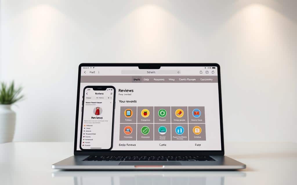 A sleek, modern interior with a minimalist aesthetic. In the foreground, a stylish laptop displaying the Shein app, showcasing the "Reviews" section and its rewards program. In the middle ground, an array of colorful product icons and badges representing the various rewards and incentives for leaving reviews. The background is a clean, white wall with subtle textures, creating a sense of balance and focus on the central elements. Soft, warm lighting illuminates the scene, conveying a sense of professionalism and trust. The overall composition and attention to detail should visually communicate the key aspects of the Shein reviews rewards system.