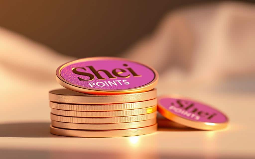 A stylized close-up image of a stack of Shein reward points or loyalty points, set against a soft, blurred background. The points should be rendered in a visually appealing, three-dimensional manner, with a subtle metallic or holographic sheen to convey a sense of value and importance. The lighting should be warm and directional, creating shadows and highlights that add depth and dimension to the points. The overall composition should be balanced and aesthetically pleasing, drawing the viewer's attention to the Shein points as the focal point of the image.