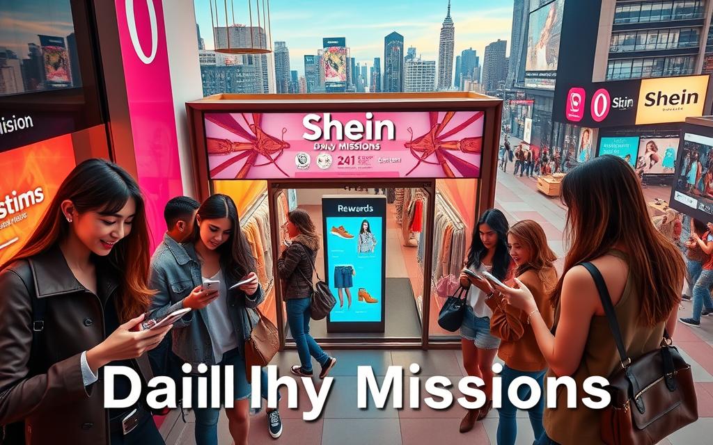 A vibrant, dynamic scene showcasing the "Shein Daily Missions" concept. In the foreground, a group of stylishly dressed young adults engaged in various activities like browsing on their smartphones, redeeming rewards, and participating in interactive challenges. The middle ground features a sleek, modern Shein storefront with digital displays highlighting the daily missions and rewards. In the background, a bustling city skyline with vibrant colors and a sense of energy, conveying the idea of a thriving online shopping experience. The lighting is a balanced mix of natural and artificial, creating a warm, inviting atmosphere. The overall composition and camera angle suggest a bird's-eye view, capturing the excitement and engagement of the Shein community.