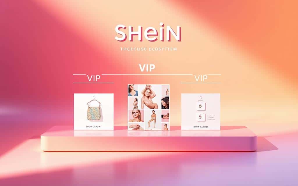 A vibrant, glossy infographic showcasing the different VIP levels of the Shein fashion retail platform. In the foreground, a sleek, minimalist design layout displays the VIP tiers with subtle icons and clean typography. The middle ground features carefully curated product images, color-coded to match the VIP level branding. The background is a soft, pastel gradient that creates a sense of luxury and exclusivity. Warm, directional lighting casts gentle shadows, emphasizing the depth and dimensionality of the design elements. The overall aesthetic is sophisticated, aspirational, and on-brand for the Shein fashion ecosystem.