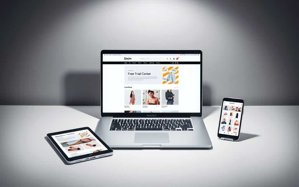 A well-lit, sleek desktop arrangement featuring a laptop, tablet, and smartphone. The laptop's screen displays a Shein web page highlighting the "Free Trial Center" section. The tablet and smartphone show various Shein product images and details. The arrangement is set against a minimalist, grey background, creating a professional, modern aesthetic. Soft, directional lighting casts subtle shadows, emphasizing the streamlined, technology-focused composition. The overall mood is one of efficiency, convenience, and brand engagement, reflecting the "Shein Free Trial Eligibility" theme. A well-lit, sleek desktop arrangement featuring a laptop, tablet, and smartphone. The laptop's screen displays a Shein web page highlighting the "Free Trial Center" section. The tablet and smartphone show various Shein product images and details. The arrangement is set against a minimalist, grey background, creating a professional, modern aesthetic. Soft, directional lighting casts subtle shadows, emphasizing the streamlined, technology-focused composition. The overall mood is one of efficiency, convenience, and brand engagement, reflecting the "Shein Free Trial Eligibility" theme.
