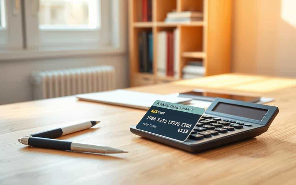 A bright and organized workspace with a credit card, pen, and calculator neatly arranged on a wooden desk. Warm, natural lighting illuminates the scene, creating a sense of focus and financial responsibility. In the background, a minimalist bookshelf displays personal finance books, hinting at the user's commitment to financial literacy. The overall atmosphere conveys a balanced and thoughtful approach to credit card usage, in line with the article's message of using credit cards consciously.