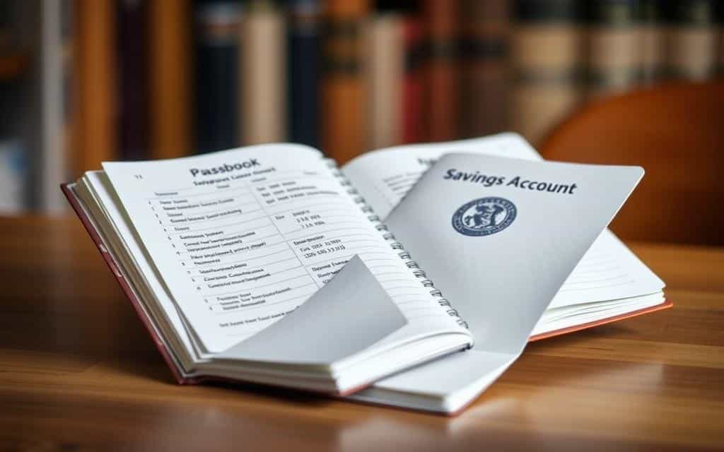 A classic savings account passbook rests on a wooden table, its pages open to reveal the account details. The soft, warm lighting casts a gentle glow, creating a sense of security and stability. In the background, a blurred bookshelf hints at the time-honored tradition of responsible financial planning. The passbook's cover bears the emblem of a trusted financial institution, symbolizing the reliable, low-risk nature of this investment option. The overall composition conveys a timeless, trustworthy atmosphere, perfectly suited to illustrate the "Contas de Poupança: o clássico" section of the article.