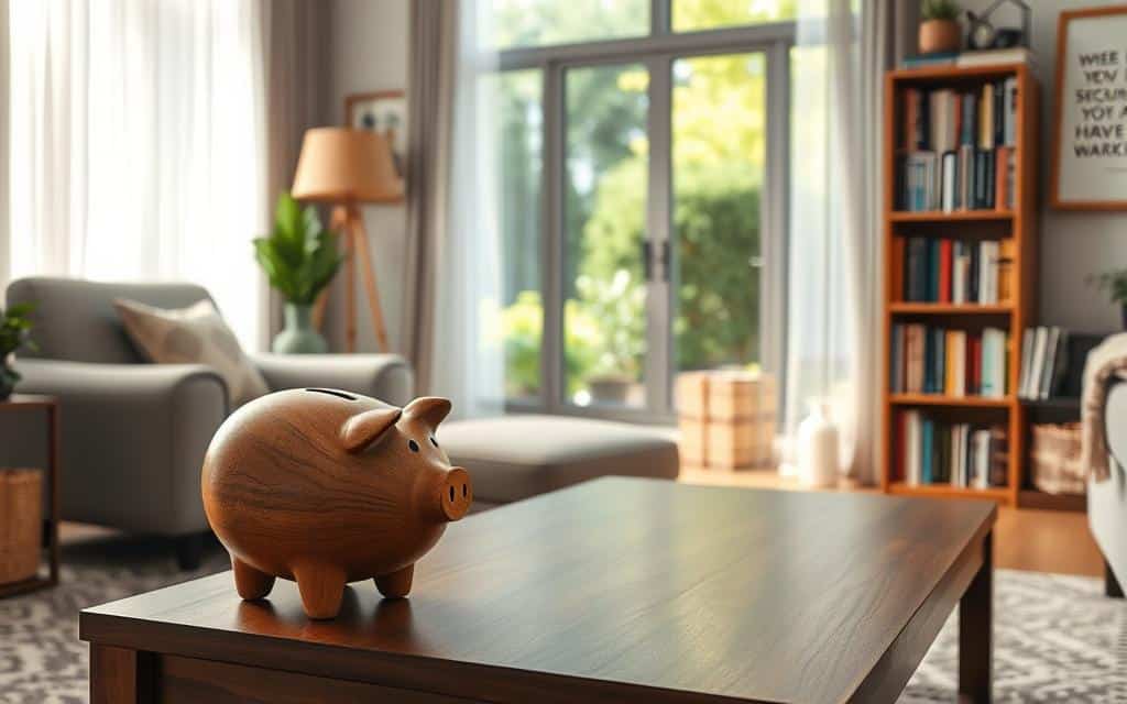 A cozy living room scene with a warm and inviting atmosphere. In the foreground, a wooden piggy bank sits atop a mahogany coffee table, symbolizing the importance of savings. Behind it, a comfortable armchair and a plush rug create a sense of security and stability. The middle ground features a large window overlooking a lush, verdant garden, bathed in soft, natural lighting that filters through sheer curtains. In the background, a bookshelf filled with financial books and a framed inspirational quote add an air of thoughtfulness and knowledge. The overall composition conveys the idea of a peaceful, well-organized personal finance space, where one can feel secure in their financial future. A cozy living room scene with a warm and inviting atmosphere. In the foreground, a wooden piggy bank sits atop a mahogany coffee table, symbolizing the importance of savings. Behind it, a comfortable armchair and a plush rug create a sense of security and stability. The middle ground features a large window overlooking a lush, verdant garden, bathed in soft, natural lighting that filters through sheer curtains. In the background, a bookshelf filled with financial books and a framed inspirational quote add an air of thoughtfulness and knowledge. The overall composition conveys the idea of a peaceful, well-organized personal finance space, where one can feel secure in their financial future.