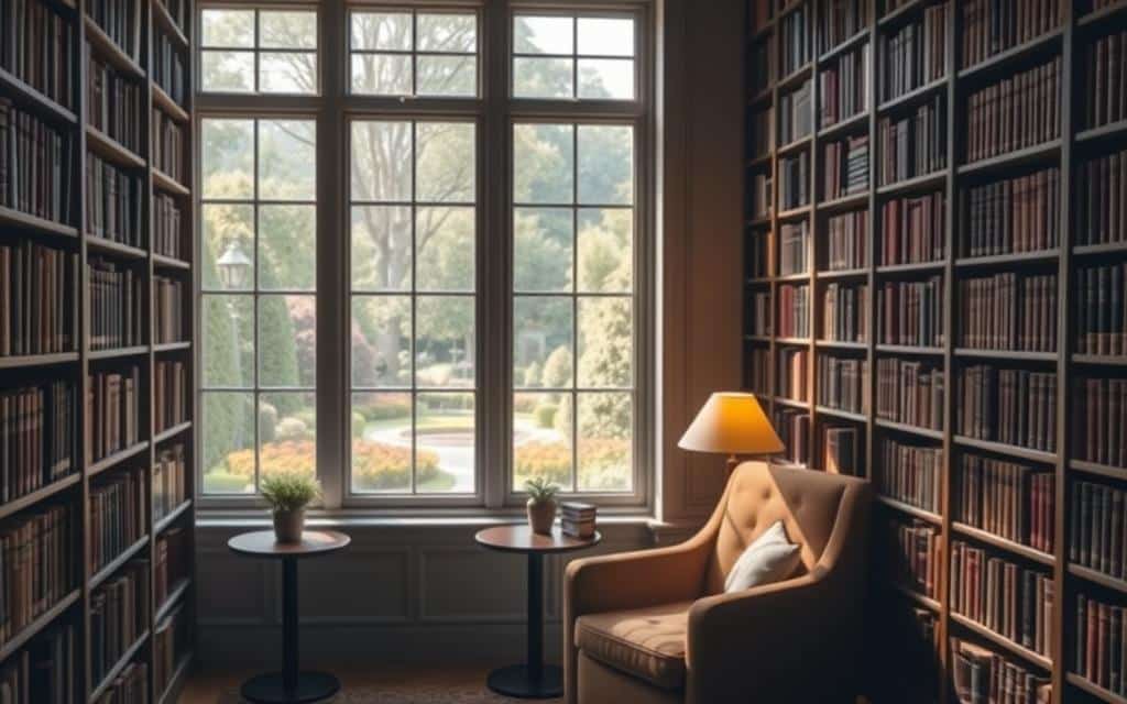 A cozy, sunlit reading nook with a plush armchair and side table, surrounded by floor-to-ceiling bookshelves filled with leather-bound volumes. Soft, indirect lighting from a table lamp casts a warm glow, creating an inviting and peaceful atmosphere. A large window offers a serene view of a lush, landscaped garden outside. The space exudes a sense of tranquility and intellectual contemplation, perfect for getting lost in the power of the written word.