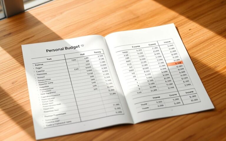 A detailed personal budget spreadsheet with meticulously categorized expenses and income, set against a warm, natural wooden table background. The page is illuminated by soft, diffused natural light filtering through a window, casting a gentle glow and creating subtle shadows. The layout is clean and organized, with carefully curated icons and charts to visualize the financial data. An elegant yet practical aesthetic, conveying a sense of control and mindfulness over one's personal finances.