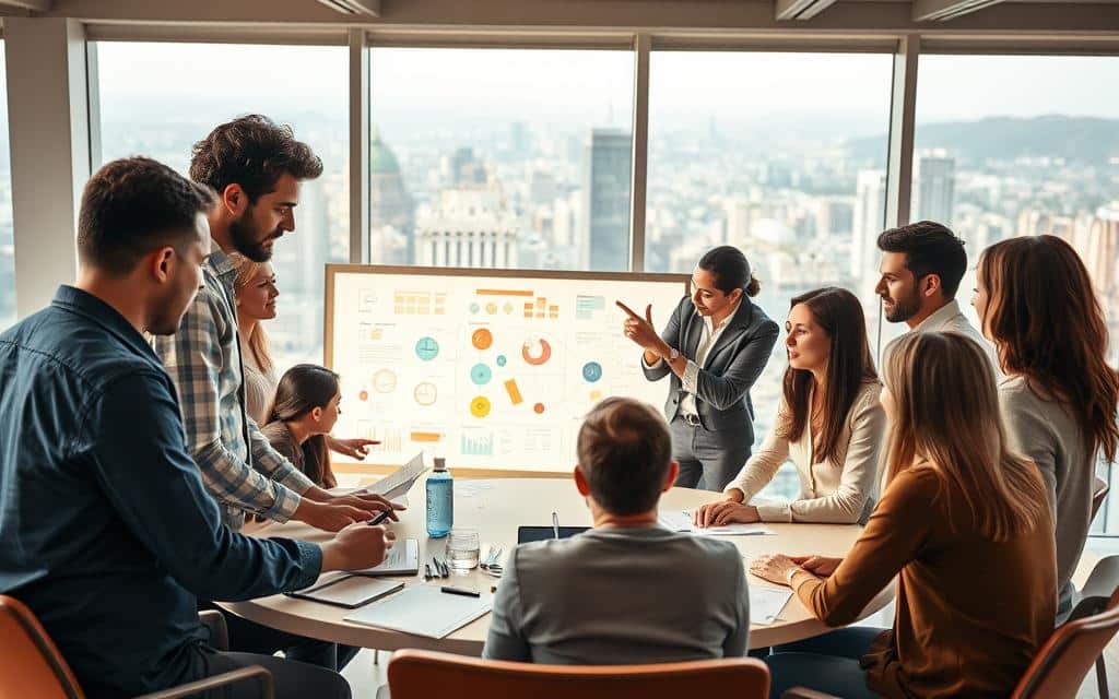 A dynamic team of professionals collaborating in a well-lit, modern office space. In the foreground, colleagues brainstorming around a circular table, engaged in animated discussion. Diverse team members, each with distinct roles, exchange ideas and solutions. The middle ground features a large whiteboard filled with colorful diagrams and notes, capturing the group's collective creativity. In the background, a panoramic window offers a panoramic view of a bustling cityscape, symbolizing the global nature of their work. The lighting is warm and natural, casting a collaborative glow over the scene. The overall mood is one of synergy, productivity, and a shared sense of purpose, reflecting the importance of effective teamwork.