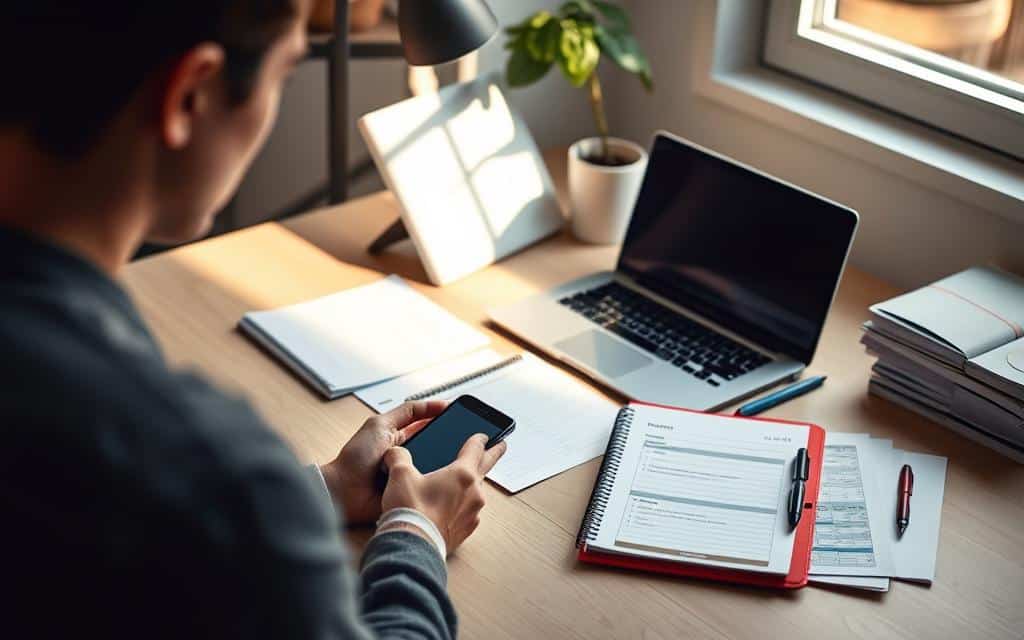 A modern home office scene with a laptop, smartphone, and various organization tools like a planner, to-do list, and financial documents. The scene is well-lit with natural light from a window, casting a warm glow. The desk is organized, with a minimalist aesthetic and clean lines. The user is not visible, but their presence is implied through the carefully arranged items. The overall mood is one of productivity, focus, and a sense of being in control of one's daily tasks and finances.