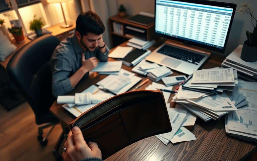 A modern home office with a cluttered desk, overflowing with financial documents, receipts, and a laptop displaying a spreadsheet with confusing numbers. In the foreground, an empty wallet and a worried expression on the face of a person sitting at the desk, conveying the stress and anxiety of personal financial mismanagement. The lighting is warm and soft, creating a somber mood, while the angle is slightly elevated to emphasize the sense of being overwhelmed. The background blurs, leaving the focus on the central scene of financial disarray and the individual's struggle to regain control.