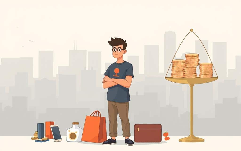 A modern, minimalist illustration of a person consciously changing their consumption habits. In the foreground, a person stands thoughtfully, surrounded by everyday household items like a shopping bag, a smartphone, and a credit card. The middle ground depicts a scale balancing a stack of coins on one side and a stack of consumer goods on the other, symbolizing the trade-off between spending and saving. The background features a serene, urban landscape with muted colors, conveying a sense of calm reflection. Soft, diffused lighting creates a pensive, introspective mood, encouraging the viewer to consider their own relationship with consumption. The overall composition suggests the individual's journey towards financial responsibility and a more sustainable lifestyle. A modern, minimalist illustration of a person consciously changing their consumption habits. In the foreground, a person stands thoughtfully, surrounded by everyday household items like a shopping bag, a smartphone, and a credit card. The middle ground depicts a scale balancing a stack of coins on one side and a stack of consumer goods on the other, symbolizing the trade-off between spending and saving. The background features a serene, urban landscape with muted colors, conveying a sense of calm reflection. Soft, diffused lighting creates a pensive, introspective mood, encouraging the viewer to consider their own relationship with consumption. The overall composition suggests the individual's journey towards financial responsibility and a more sustainable lifestyle.