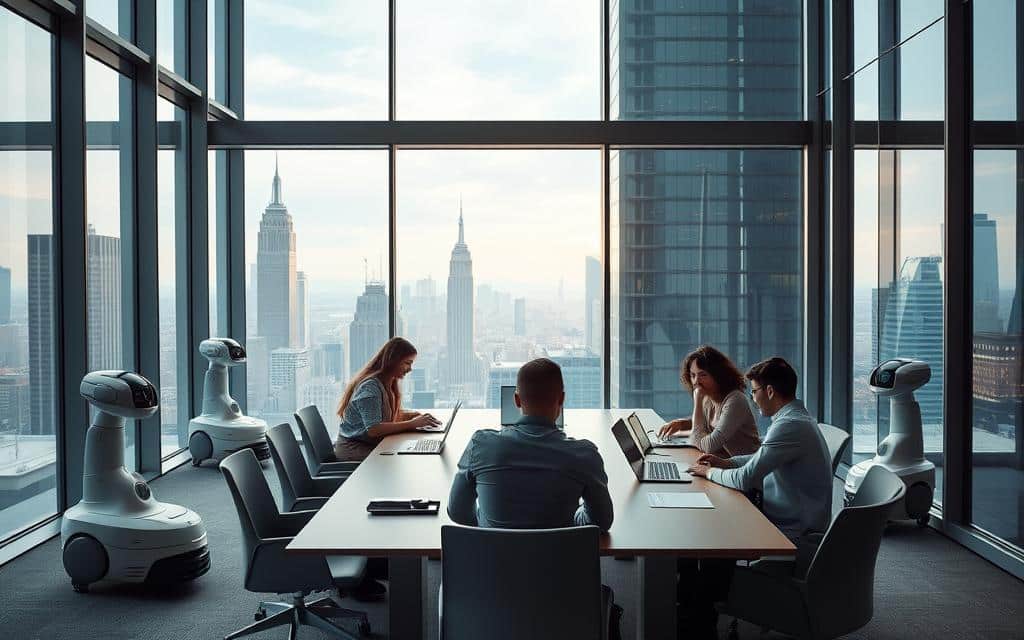 A modern office interior with floor-to-ceiling windows overlooking a bustling city skyline. In the foreground, a team of professionals collaborating around a sleek, minimalist conference table, laptops and tablets in hand, deep in discussion. Soft, indirect lighting casts a warm glow, creating an atmosphere of productive efficiency. In the background, autonomous robots and AI-powered assistants move silently, streamlining administrative tasks. The overall scene conveys the transformative power of AI, seamlessly integrating with human workflows to enhance productivity and simplify the workday.