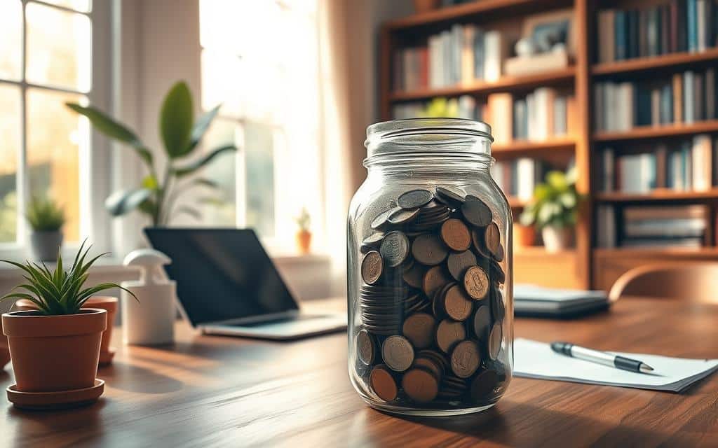 A peaceful home office scene with a wooden desk, potted plants, and a clear glass jar filled with a stack of coins, representing a financial emergency fund. Soft natural lighting streams through large windows, casting warm shadows. The overall mood is one of serenity and financial security. In the foreground, the jar of coins takes center stage, symbolizing the importance of building a financial reserve. The middle ground includes a laptop, some papers, and a pen, suggesting the act of budgeting and planning. The background features bookshelves filled with financial books and resources, hinting at the knowledge needed to manage one's finances responsibly. A peaceful home office scene with a wooden desk, potted plants, and a clear glass jar filled with a stack of coins, representing a financial emergency fund. Soft natural lighting streams through large windows, casting warm shadows. The overall mood is one of serenity and financial security. In the foreground, the jar of coins takes center stage, symbolizing the importance of building a financial reserve. The middle ground includes a laptop, some papers, and a pen, suggesting the act of budgeting and planning. The background features bookshelves filled with financial books and resources, hinting at the knowledge needed to manage one's finances responsibly.
