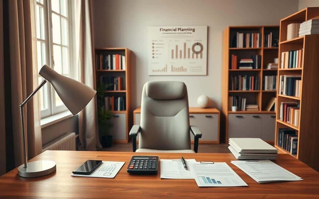 A serene home office setting, bathed in warm, natural lighting from a large window. In the foreground, a wooden desk with a well-organized array of financial documents, a calculator, and a minimalist desk lamp. On the wall behind, a tasteful financial planning infographic in muted tones. The middle ground features a comfortable, ergonomic office chair in a neutral color. In the background, bookshelves filled with finance-related literature create a sense of focus and discipline. The overall atmosphere conveys a tranquil, productive, and financially responsible ambiance.