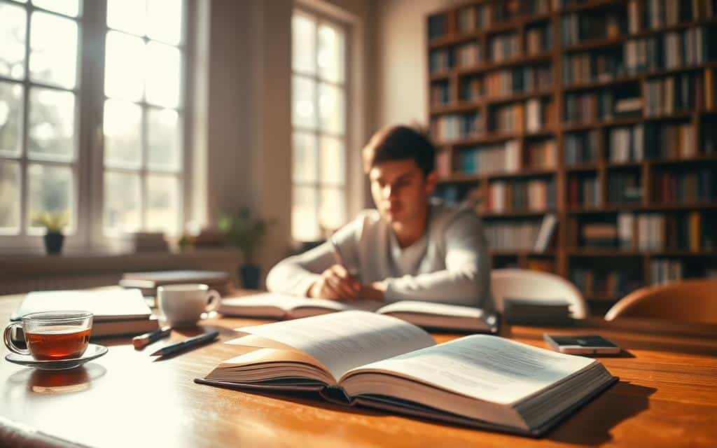 A serene study space illuminated by warm, natural lighting from large windows, showcasing an endless cycle of learning. In the foreground, an open book rests on a polished wooden desk, surrounded by neatly arranged notebooks, pens, and a cup of tea. The middle ground features a person deeply engrossed in their studies, their face radiating a sense of focus and determination. In the background, a bookshelf stretches upwards, filled with volumes of knowledge, representing the boundless potential of continuous learning. The overall atmosphere conveys a harmonious balance between contemplation, growth, and the pursuit of intellectual fulfillment.