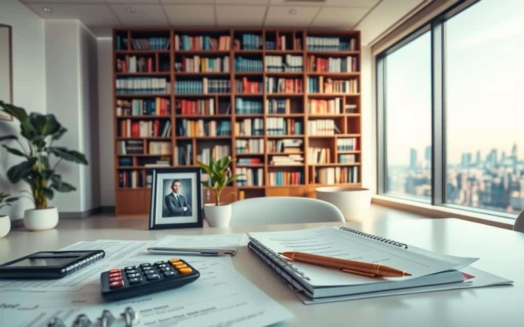 A serene, well-lit office setting with a professional, focused atmosphere. In the foreground, a desk with neatly organized financial documents, a calculator, and a pen poised over a notebook. On the desk, a plant and a framed image symbolizing financial growth and stability. In the middle ground, a large bookshelf filled with finance-related books, reflecting the continuous learning and education of the occupant. The background showcases a large window overlooking a tranquil cityscape, hinting at the broader financial landscape. The lighting is soft and warm, creating an inviting and productive ambiance. Overall, the image conveys a sense of financial knowledge, discipline, and a commitment to ongoing financial education.