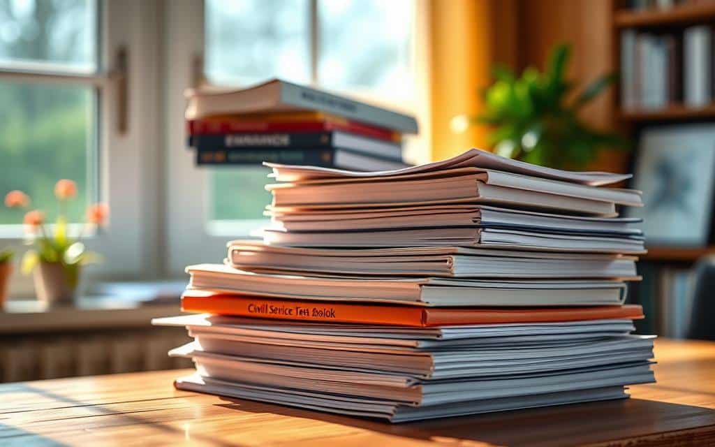 A stack of well-organized study materials for exams and civil service tests, including textbooks, notes, and practice test booklets. The materials are arranged neatly on a wooden desk, with a warm, soft lighting illuminating the scene. The desk is positioned in front of a large window, allowing natural light to filter in and create a cozy, focused atmosphere. The background is slightly blurred, drawing the viewer's attention to the study materials in the foreground. The overall impression is one of diligence, preparation, and a sense of purpose - the essential elements for effective exam preparation.
