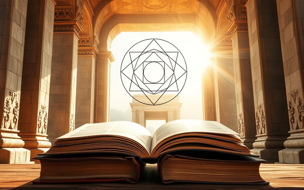 A vast, imposing stone archway dominates the frame, its sturdy columns and intricate carvings exuding an aura of solidity and permanence. Sunlight streams in from behind, casting warm, golden illumination that highlights the textured surface of the stone. In the foreground, a stack of ancient tomes lies open, their weathered pages and leather bindings suggesting the weight of accumulated knowledge. Subtly floating above the books, a series of geometric shapes – circles, triangles, and lines – coalesce into a visual representation of a cogent, well-structured argument, their interconnected nature conveying the sense of a solid, unassailable line of reasoning. The overall scene evokes an atmosphere of scholarly contemplation, where the pursuit of truth and the rigorous examination of ideas are paramount.