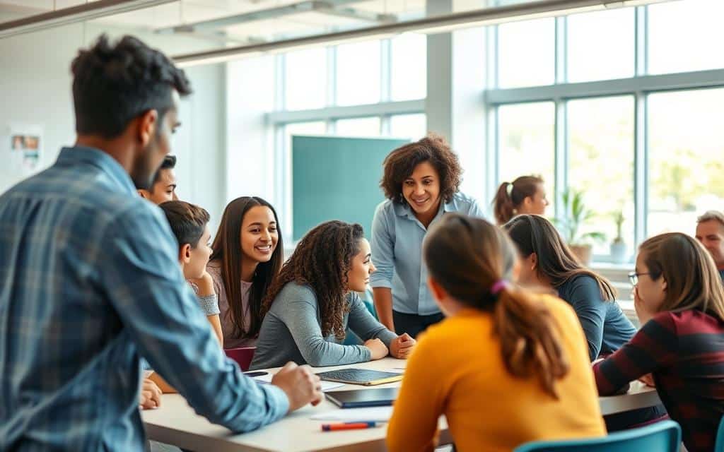A vibrant, well-lit classroom setting showcasing collaborative learning. In the foreground, a group of diverse students gathered around a table, deeply engaged in discussion and sharing ideas. Their body language conveys a sense of teamwork and camaraderie. The middle ground features the teacher, facilitating the conversation with a warm, encouraging demeanor, guiding the students' interactions. The background reveals an airy, modern space with large windows allowing natural light to flood the room, creating a bright, inspiring atmosphere. The overall scene captures the synergy and interactivity of a technology-enhanced learning environment, where students actively participate in the learning process.