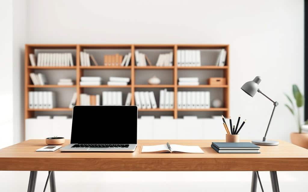 Estrutura plano de estudos: A sleek, minimalist study plan design on a clean, white background. In the foreground, a modern wooden desk holds various stationery items - a laptop, notebook, and pen. Behind it, a bookshelf with neatly organized textbooks and folders serves as the middle ground. The lighting is soft and diffused, creating a warm, focused atmosphere. In the background, a large window lets in natural light, hinting at a peaceful, productive working environment. The overall composition conveys a sense of structure, organization, and efficiency - the key elements of an intelligent and sustainable study plan.