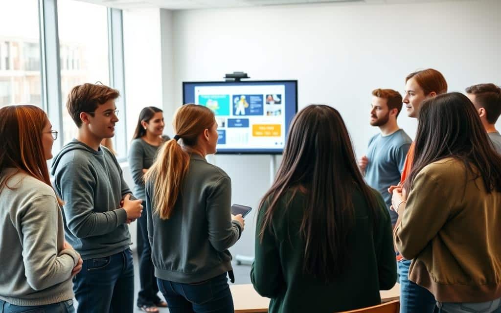 Motivated students in a hybrid learning environment, gathered in a modern, well-lit classroom. In the foreground, a group of young adults engaged in collaborative discussions, their faces animated with enthusiasm. The middle ground features a digital whiteboard displaying interactive lesson materials, promoting active learning. The background showcases floor-to-ceiling windows, allowing natural light to flood the space and create a sense of openness and inspiration. The overall atmosphere exudes a balance of focus, engagement, and a desire to succeed in this hybrid educational setting.